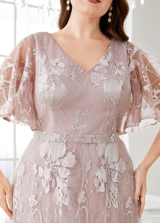 Flare Waist Pink V Party Sleeve High Dress Lace New Neck FashionChic