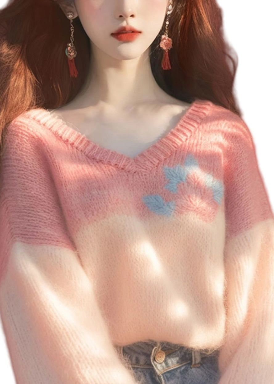 New Pink V Neck Patchwork Knit Sweaters Winter WX020 ABC