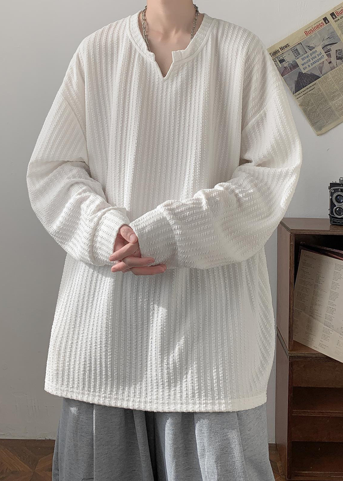 New Plus Size Apricot V Neck Cotton Mens T Shirts Fall WJ005 MENT241119