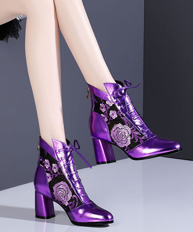 New Purple Breathable Mesh Splicing Cowhide Leather Chunky Boots RT1075 Ada Fashion