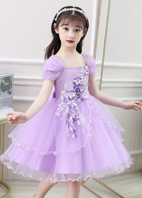 New Purple Embroideried High Waist Tulle Girls Vacation Maxi Dresses Summer EW013 WS-JRTZSDL240810