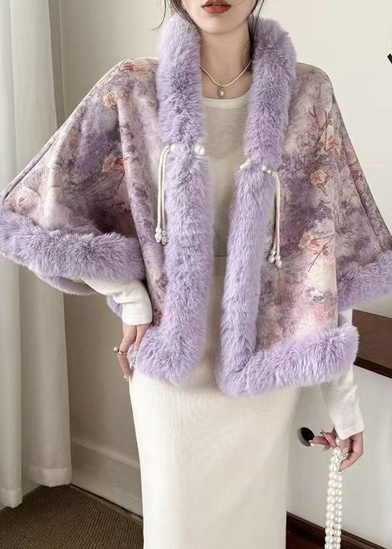 New Purple Fur Collar Print Warm Fleece Cape Coats Winter RC009 ABC