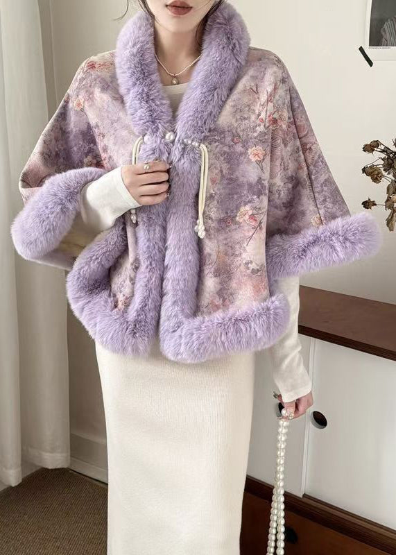New Purple Fur Collar Print Warm Fleece Cape Coats Winter RC009 ABC