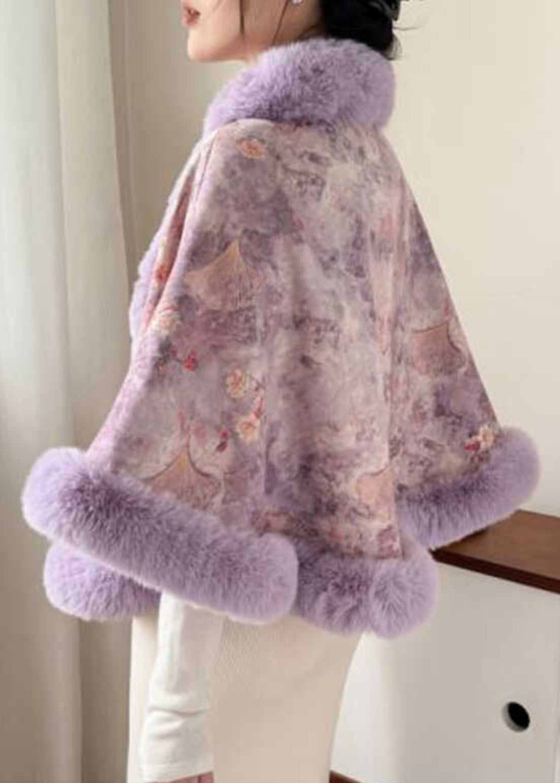 New Purple Fur Collar Print Warm Fleece Cape Coats Winter RC009 ABC