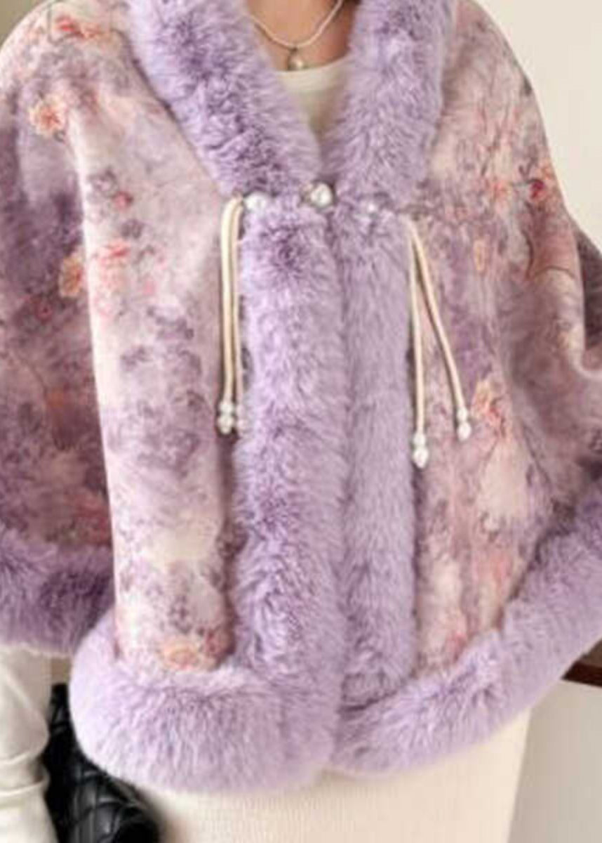 New Purple Fur Collar Print Warm Fleece Cape Coats Winter RC009 ABC
