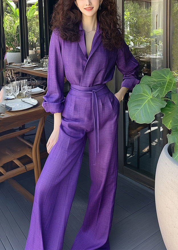 Piece Shirts Pants And Purple Two Set Cotton Pockets Up New Lace FashionChic