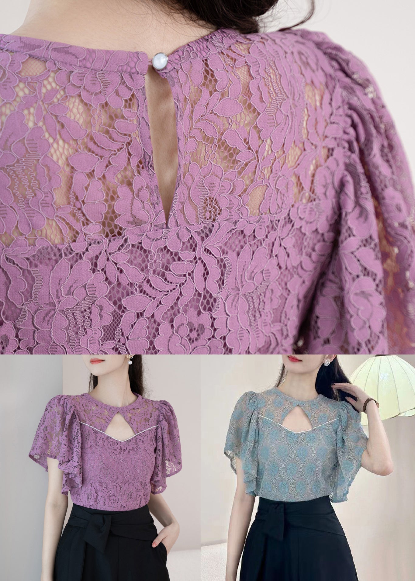 New Purple O-Neck Hollow Out Lace Shirt Summer OP1016 Ada Fashion