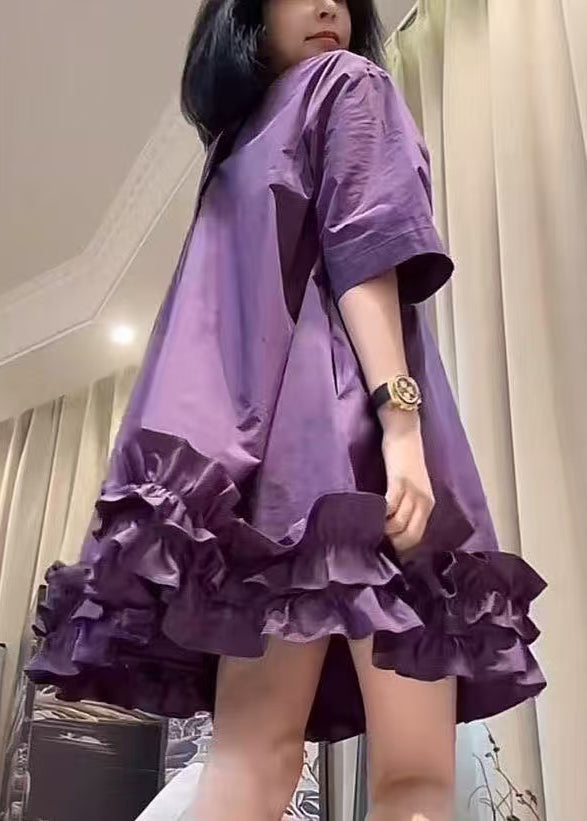 Neck Summer Ruffled Cotton Dresses O New Mid Patchwork Purple FashionChic
