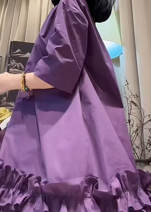 Neck Summer Ruffled Cotton Dresses O New Mid Patchwork Purple FashionChic