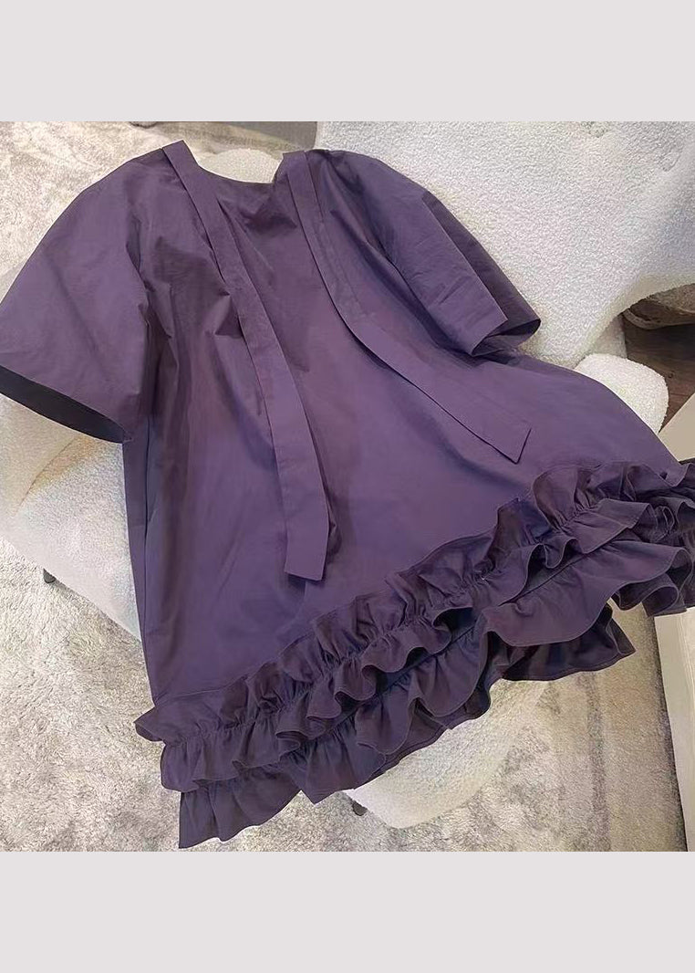 Neck Summer Ruffled Cotton Dresses O New Mid Patchwork Purple FashionChic