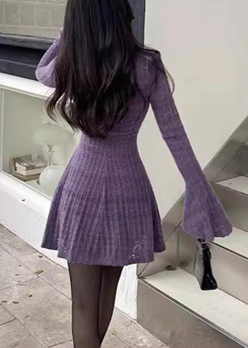 New Purple O-Neck Solid Knit Mid Dress Flare Sleeve YZ048 ABC