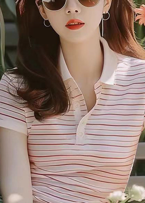 New Purple Peter Pan Collar Striped Cotton T Shirt Summer KJ005 ZS-STP240715