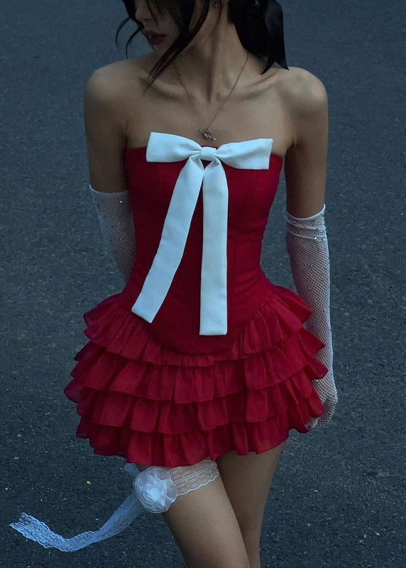 New Red Bow Tank And Pleated Skirt Cotton Two Pieces Set Sleeveless YZ043 ABC
