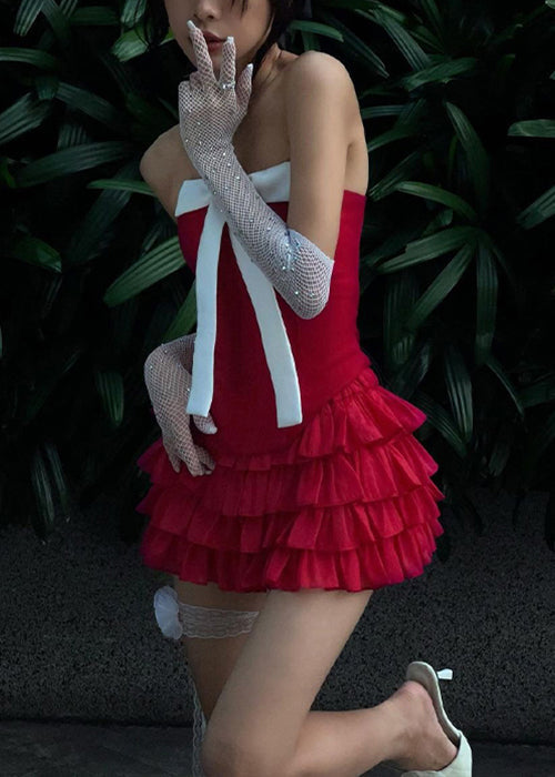 New Red Bow Tank And Pleated Skirt Cotton Two Pieces Set Sleeveless YZ043 ABC