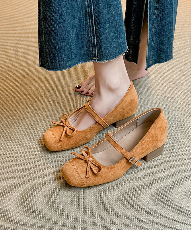 Suede Shoes Red Chunky Splicing New Buckle Bow Strap FashionChic