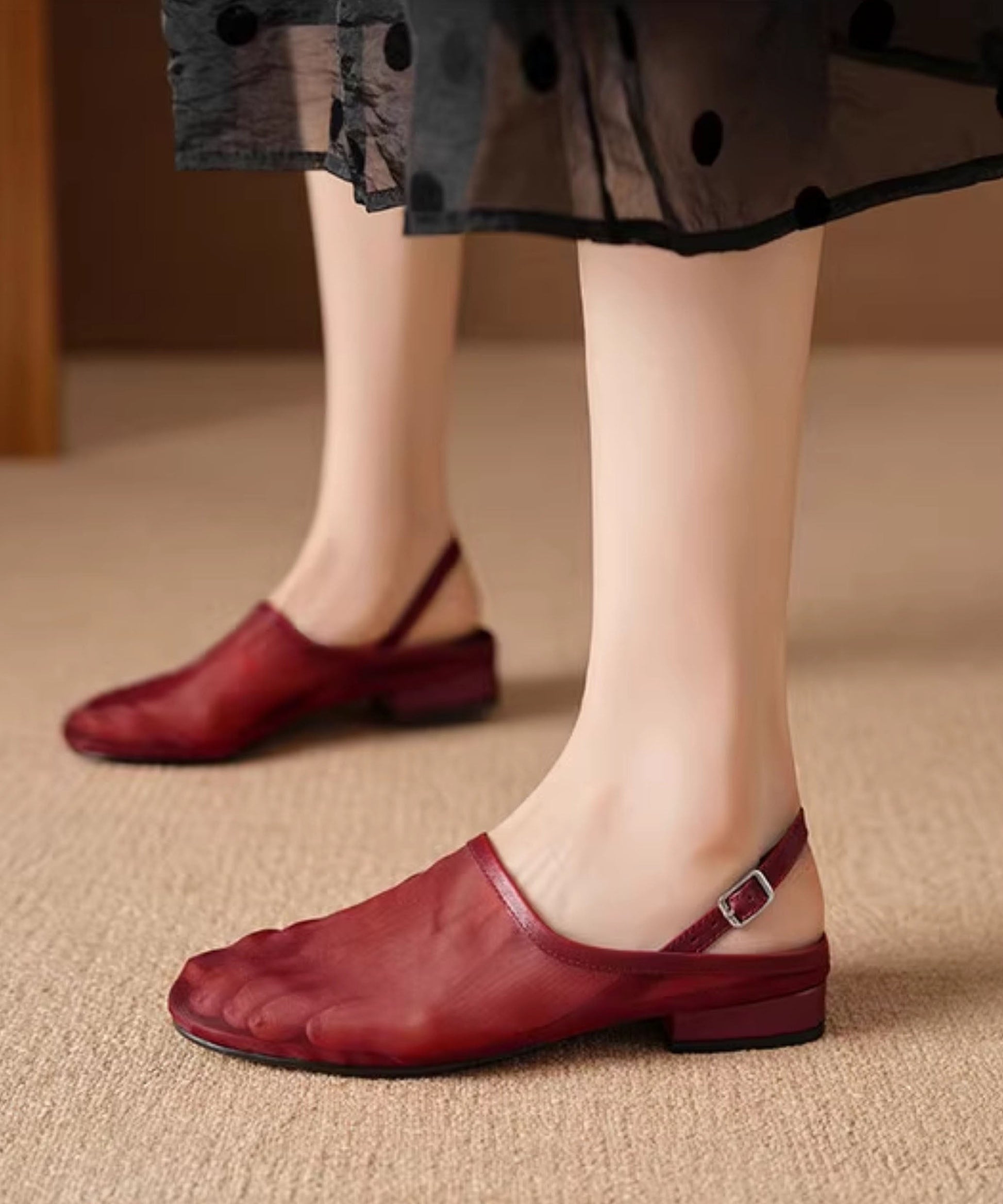 Leather Sandals Red Walking Tulle New Cowhide Splicing FashionChic