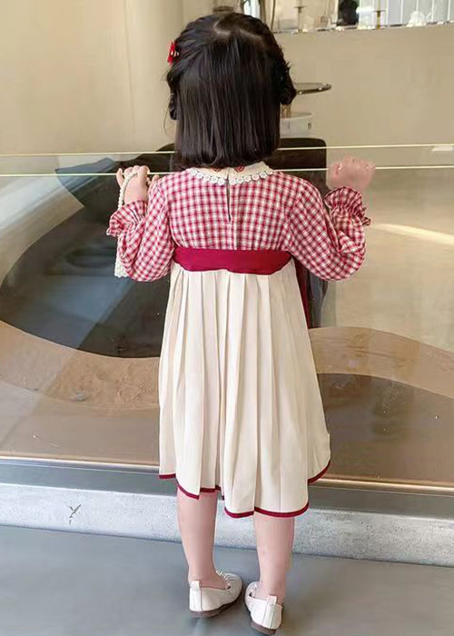 New Red Plaid Wrinkled Cotton Girls Dress Long Sleeve XZ024 FALL-MM-RCTZ-FDGL240618