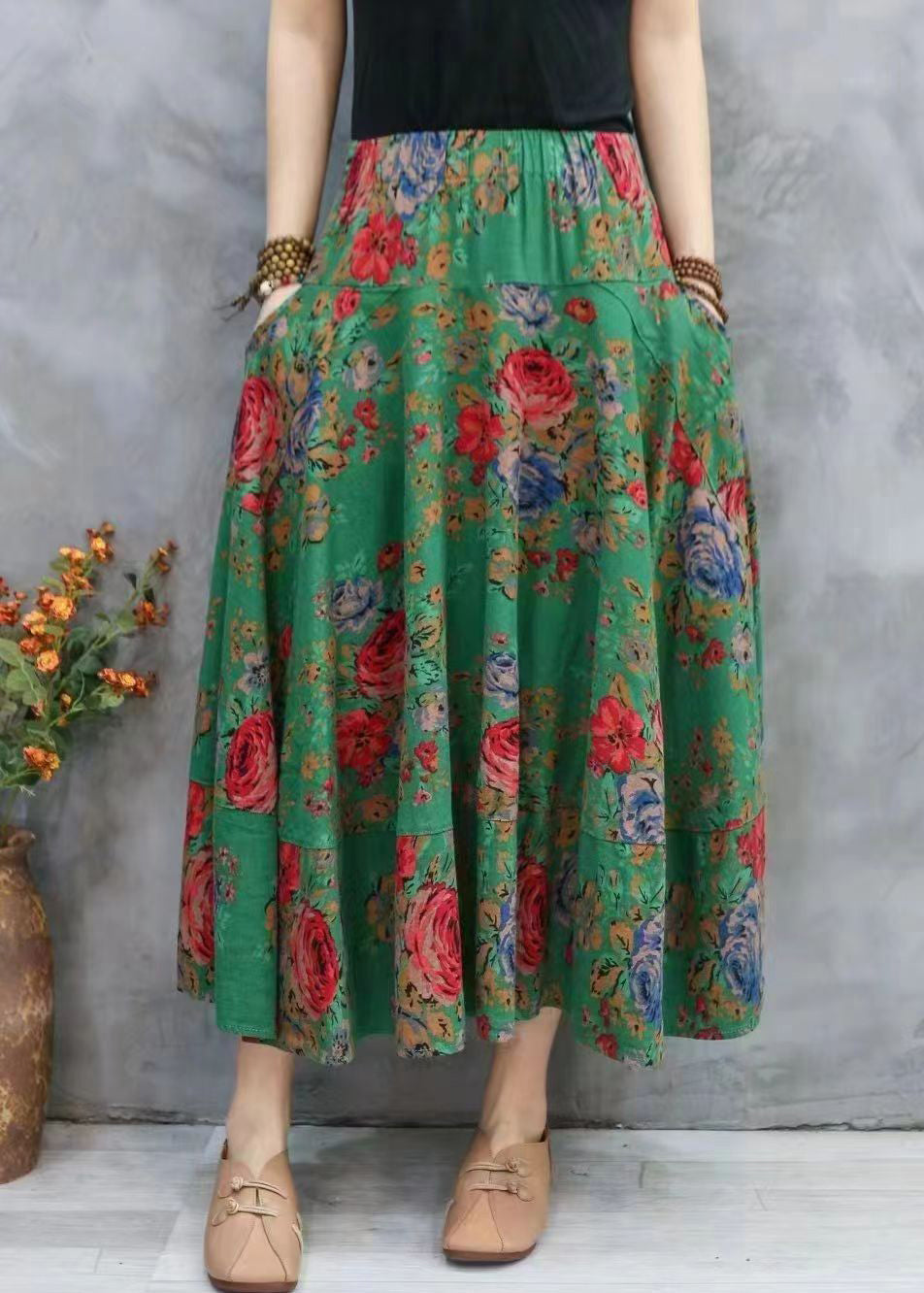 New Red Print Pockets Elastic Waist Cotton Skirt Summer RE047 MZF-SKTS240807