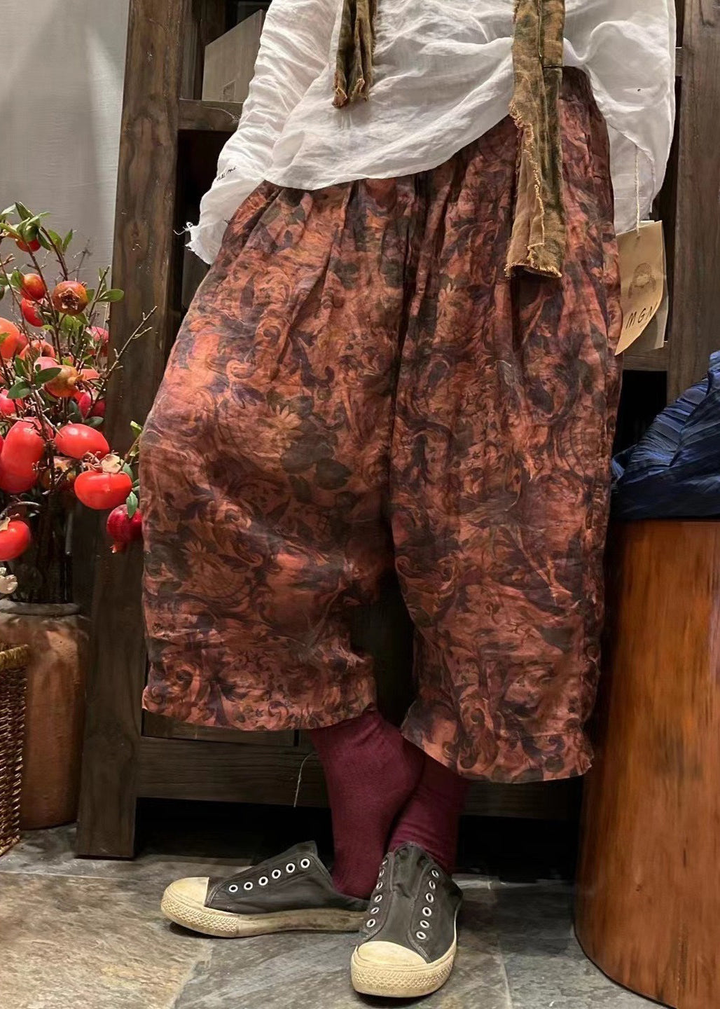 New Red Print Pockets Elastic Waist Linen Crop Pants Summer VV080 HS-CPTS240627