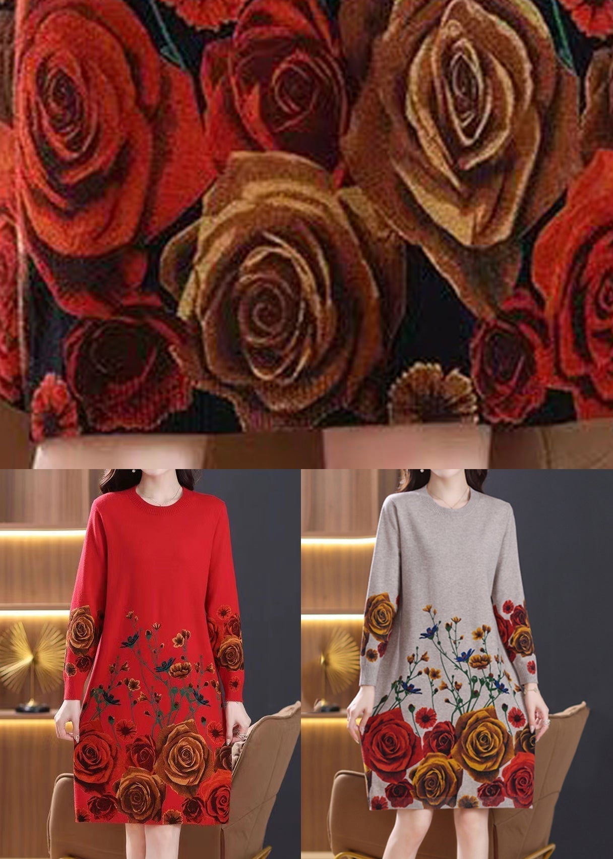 New Red Print Side Open Wool Knit Dresses Long Sleeve TB011