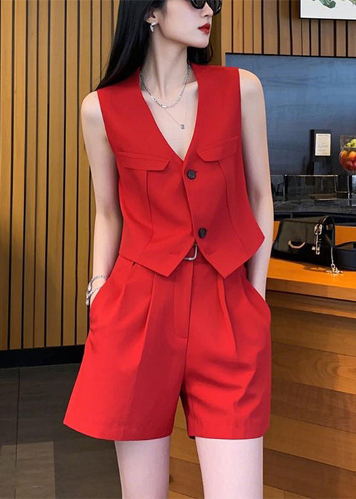 Neck And Two Spandex Pieces Waistcoat V Set Red New Button Shorts FashionChic