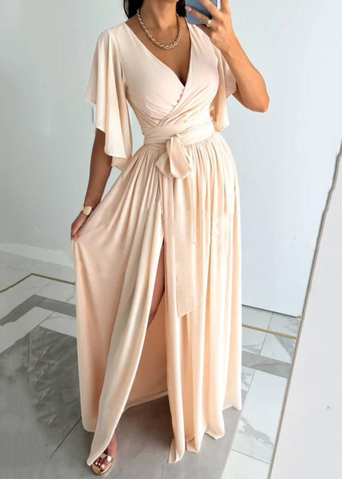New Red V Neck Tie Waist Side Open Cotton Maxi Dress Summer BB035 Hawaii-SDL240622