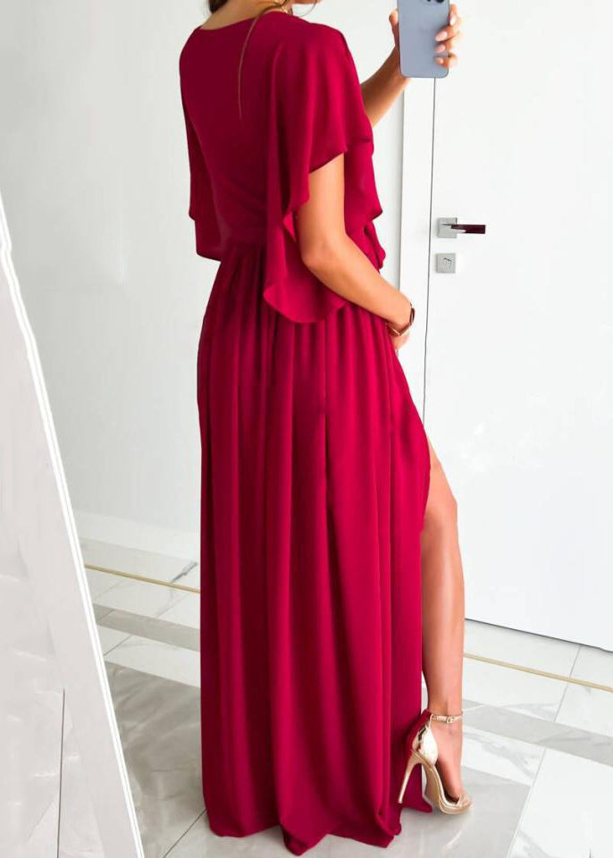 New Red V Neck Tie Waist Side Open Cotton Maxi Dress Summer BB035 Hawaii-SDL240622