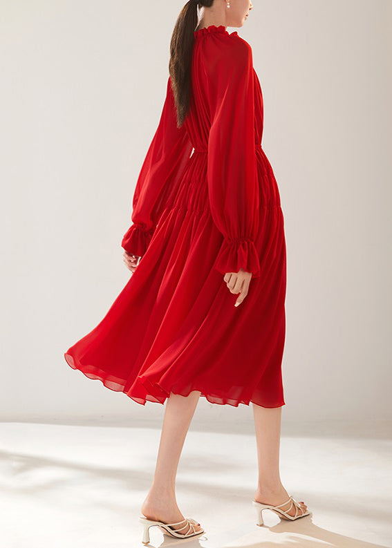 New Red Wrinkled Lace Up Chiffon Dress Fall QR030 OM-ZS240929
