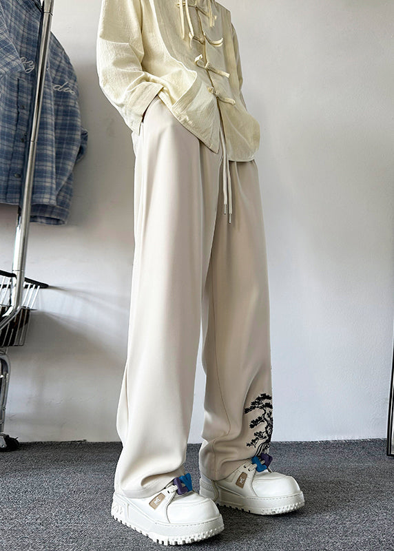 New Retro Apricot Embroideried Pockets Silk Mens Pants Summer YT054 Men-Silk-MENP240721