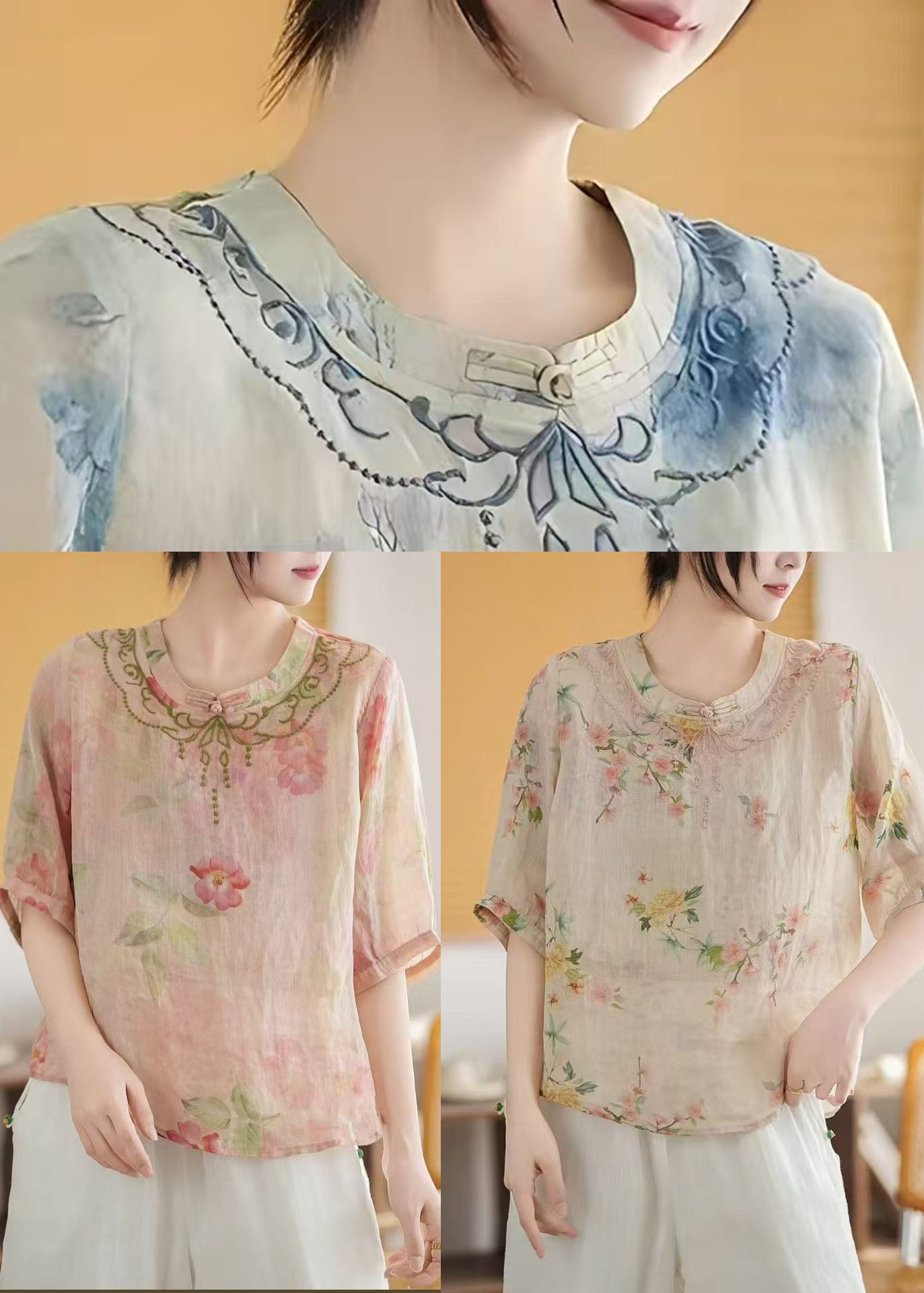 Style New Linen Retro Tops Summer Chinese Apricot Print FashionChic