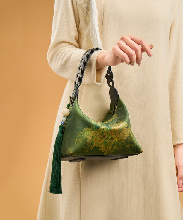 Bag Print Green Retro Tassel Blackish Silk New Tote FashionChic