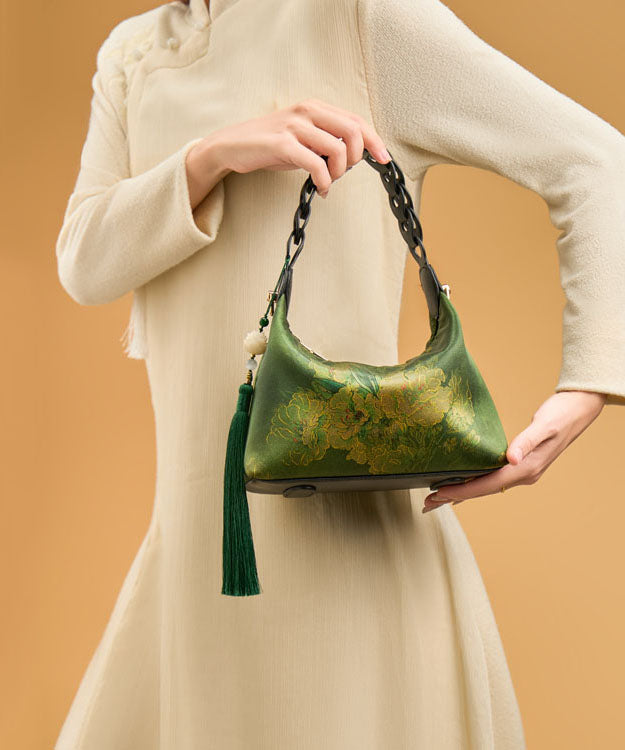 Bag Print Green Retro Tassel Blackish Silk New Tote FashionChic