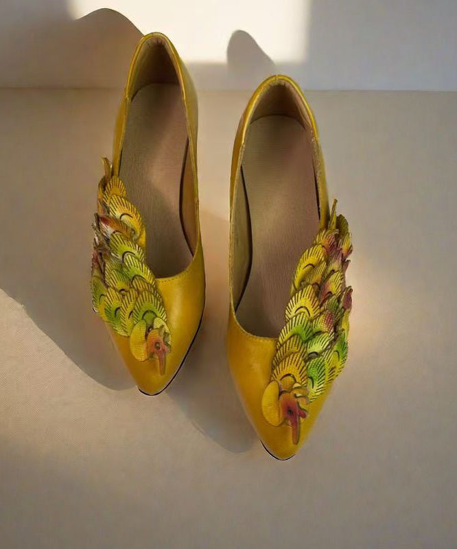 New Retro Ethnic Style Yellow Pointed Toe Cowhide Leather Shoes KJ055 Shoe-PDX240714