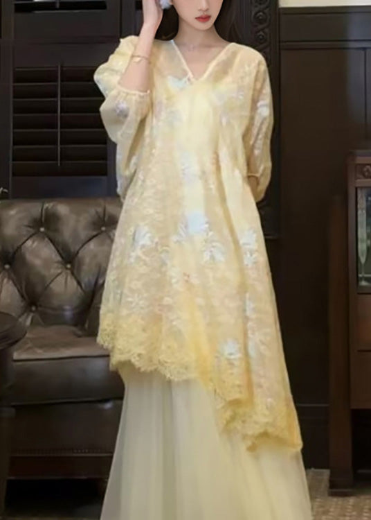 Asymmetrical Embroidered Yellow Dress Retro New Tulle Oriental FashionChic