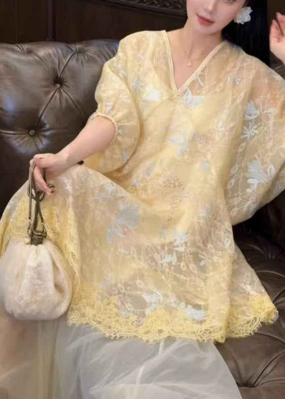 Asymmetrical Embroidered Yellow Dress Retro New Tulle Oriental FashionChic