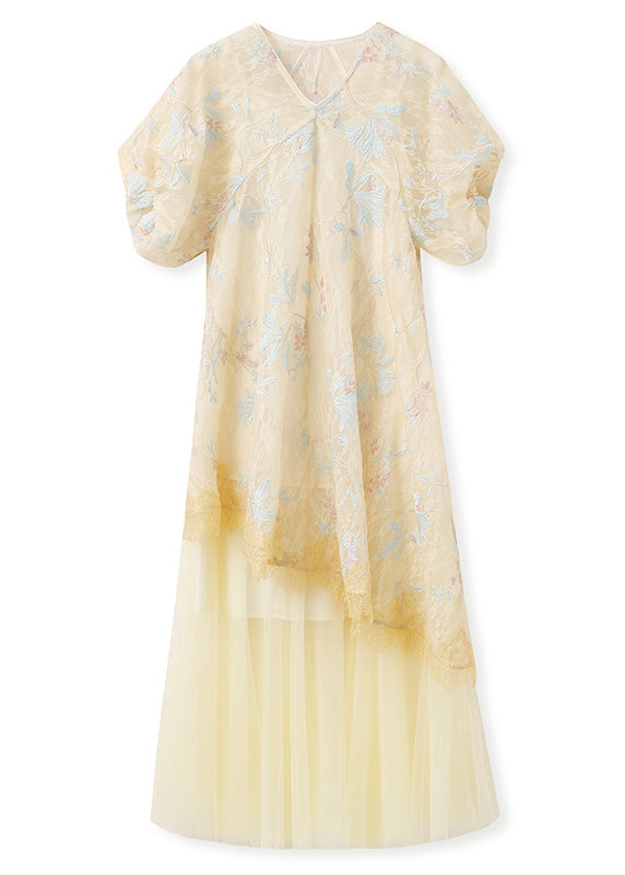 Asymmetrical Embroidered Yellow Dress Retro New Tulle Oriental FashionChic