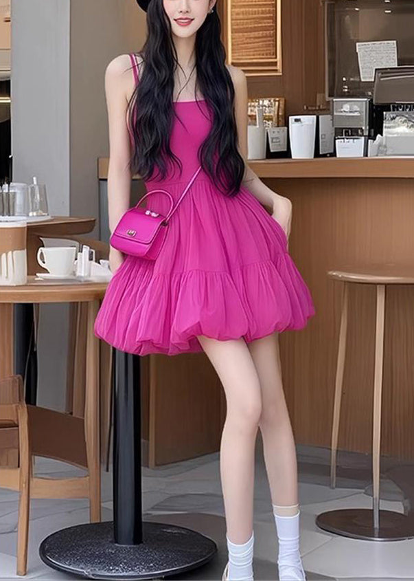 Rose New Wrinkled Strap Sleeveless Solid Dress Spaghetti Cotton FashionChic