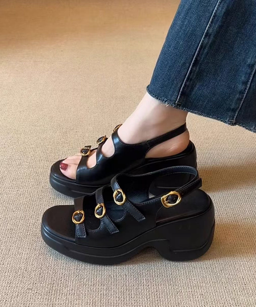 Toe Splicing Peep Black New Sandals Platform Leather Faux FashionChic