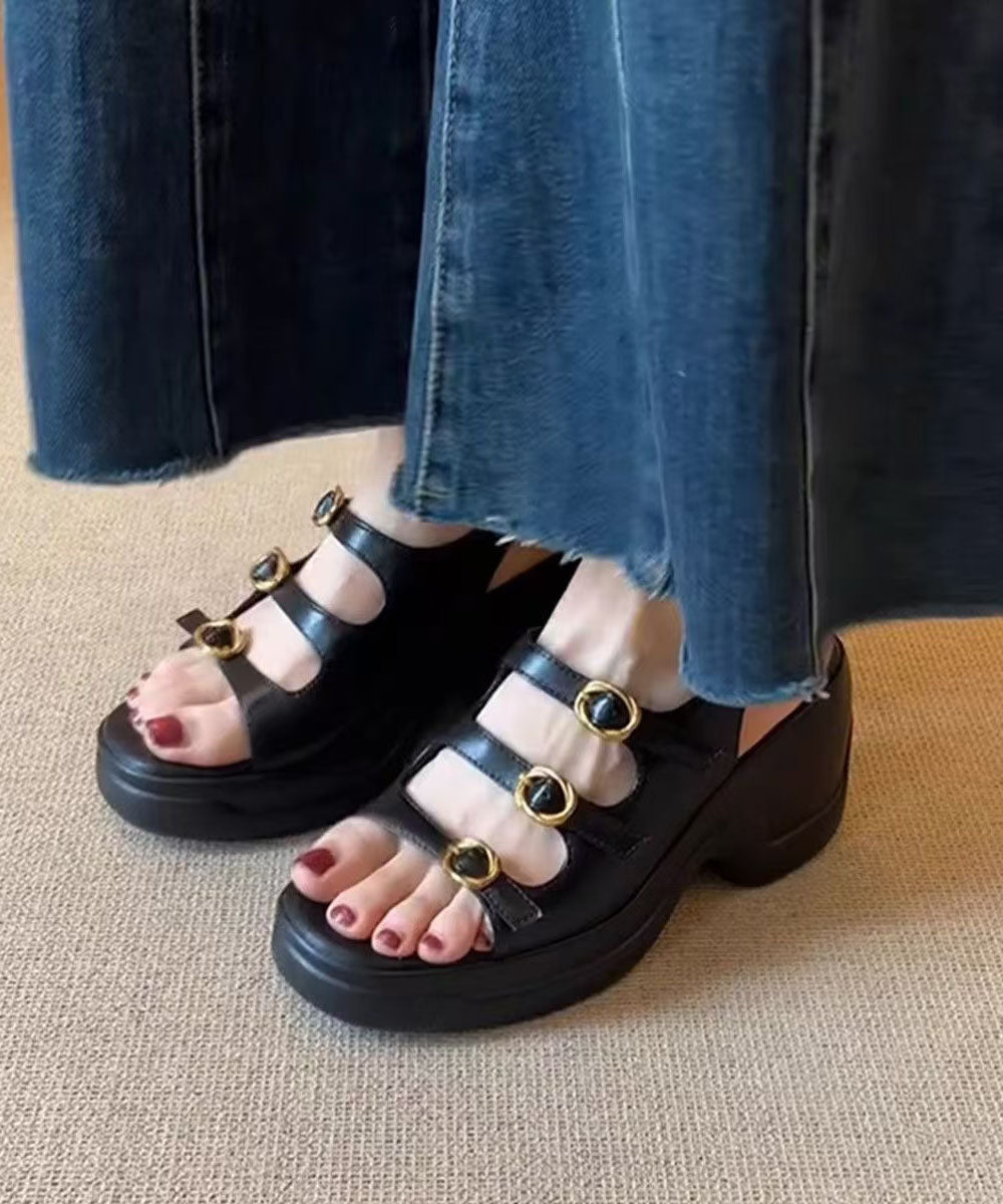 Toe Splicing Peep Black New Sandals Platform Leather Faux FashionChic