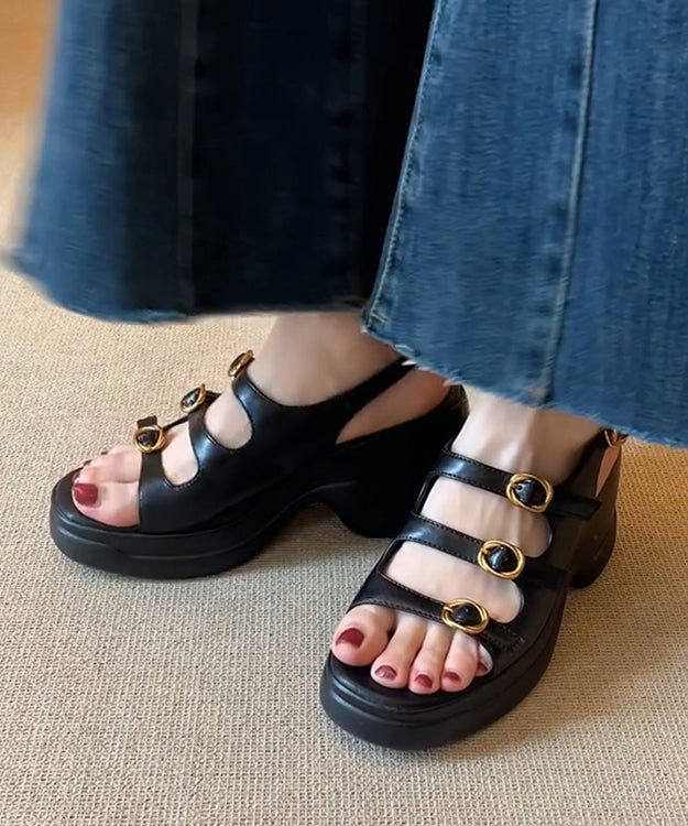 Toe Splicing Peep Black New Sandals Platform Leather Faux FashionChic