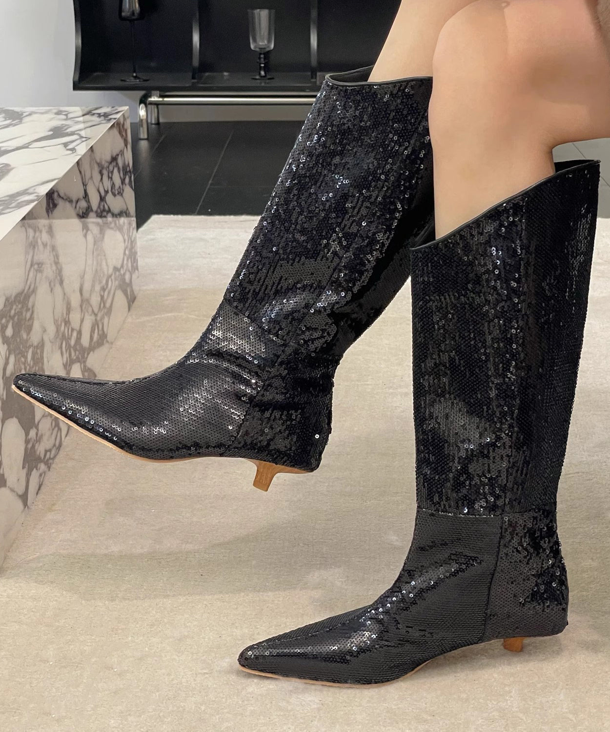 New Stylish Apricot Kitten Heels Sequins Boots OM009 ABC