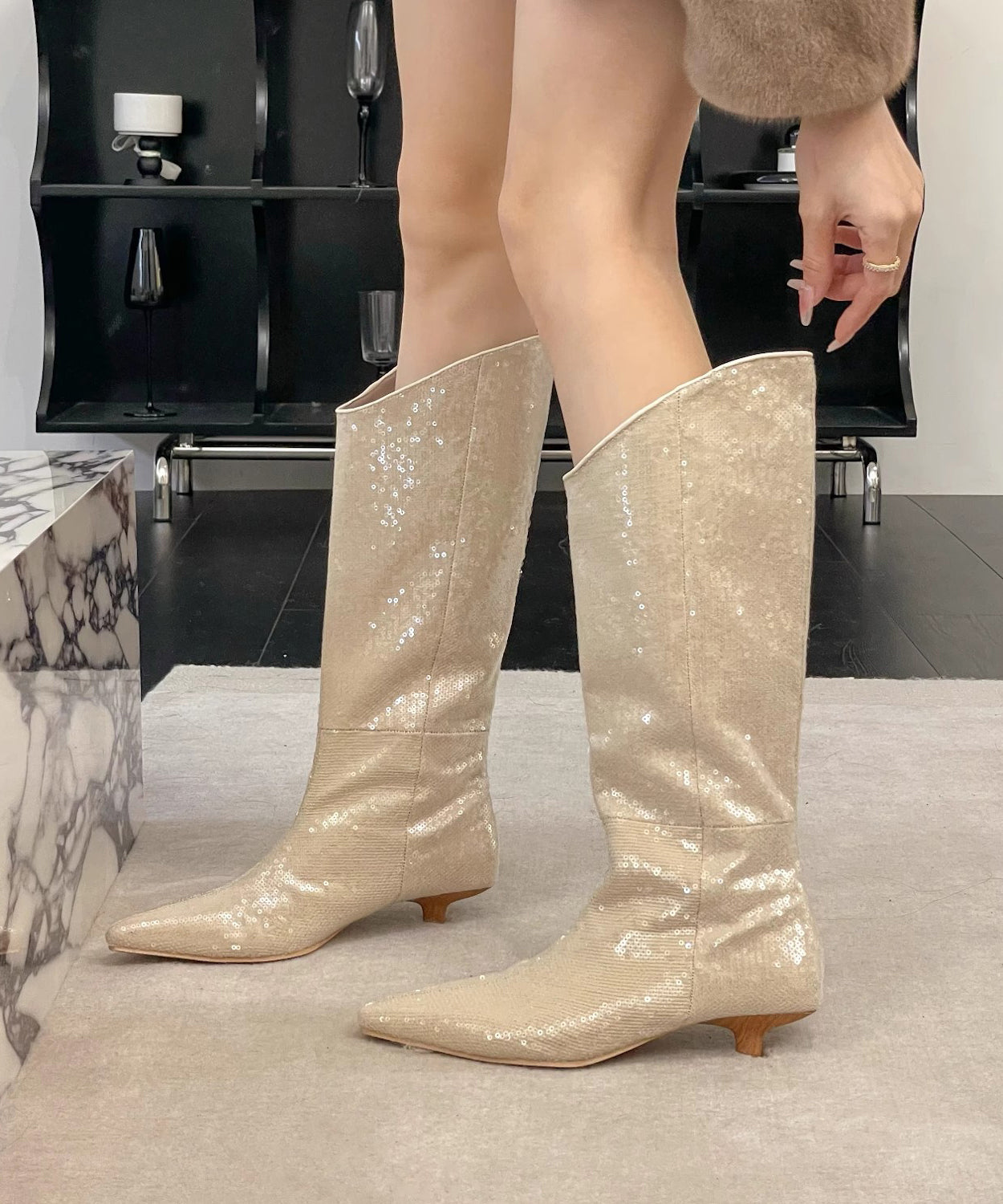 New Stylish Apricot Kitten Heels Sequins Boots OM009 ABC