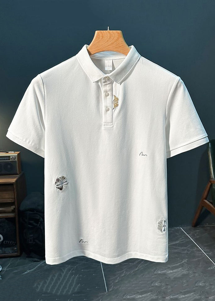Mens Polo New Shirts Cotton Solid Button Embroideried White FashionChic