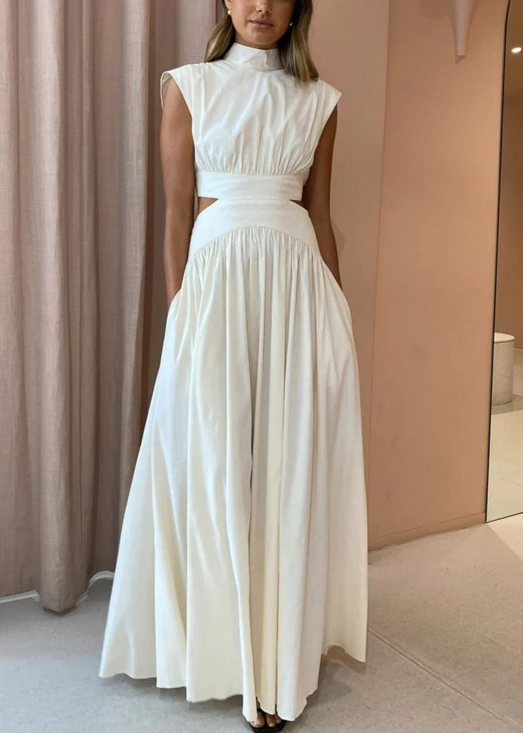 Cotton Wrinkled Summer New Maxi Hollow White Dresses Out Pockets FashionChic