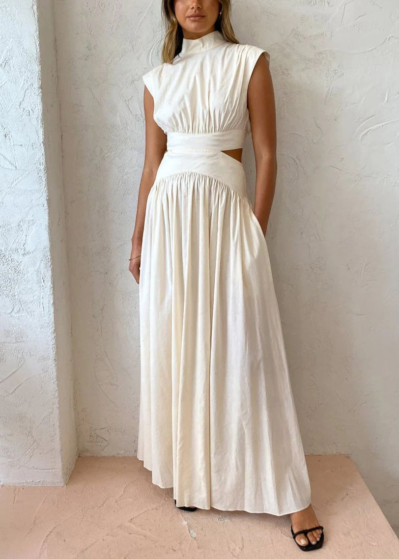 Cotton Wrinkled Summer New Maxi Hollow White Dresses Out Pockets FashionChic
