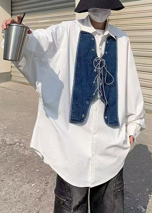 Shirt Mens Up Denim New White Spring Patchwork Lace FashionChic