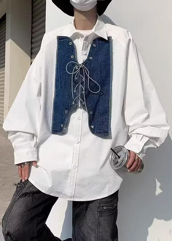 Shirt Mens Up Denim New White Spring Patchwork Lace FashionChic