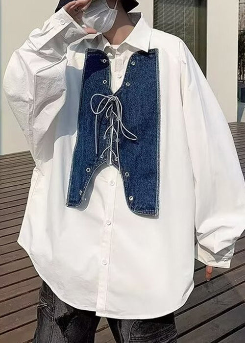 Shirt Mens Up Denim New White Spring Patchwork Lace FashionChic