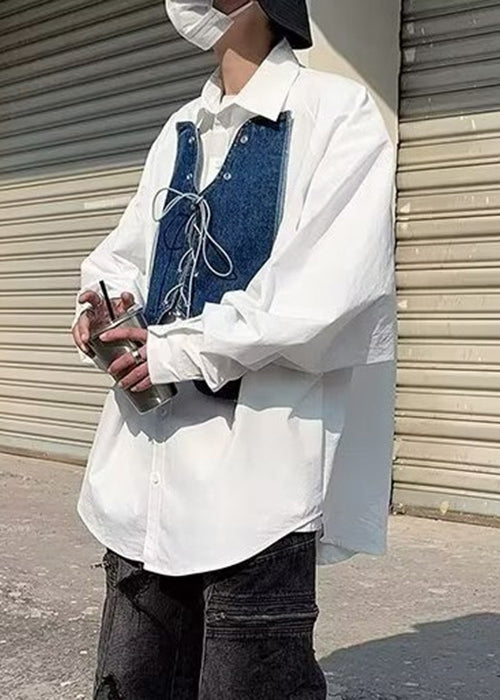 Shirt Mens Up Denim New White Spring Patchwork Lace FashionChic