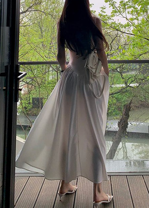 New White Lace Up Pockets Cotton Long Dress Sleeveless ZL033 SH-LF-SDL240621